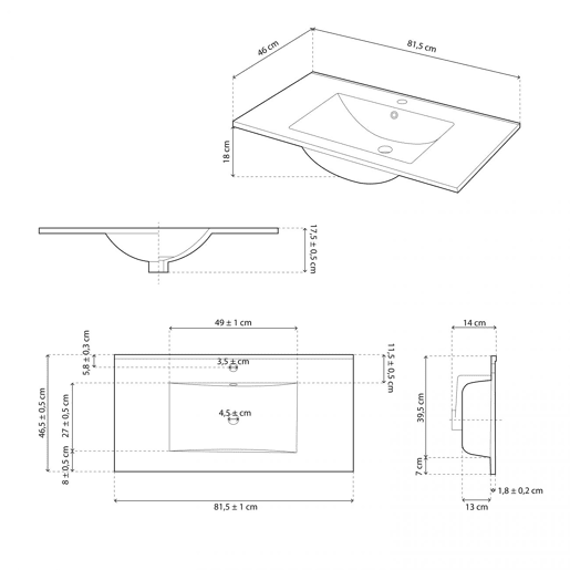 Conjunto de casa de banho com lavatório de cerâmica Thai Nórdico 80 x 64 x 45 cm