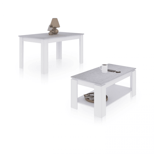 Conjunto de mesa de jantar 140 e mesa de centro Lya Branco Artik (Branco mate) - Cinzento Cimento 140 x 78 x 90 cm
