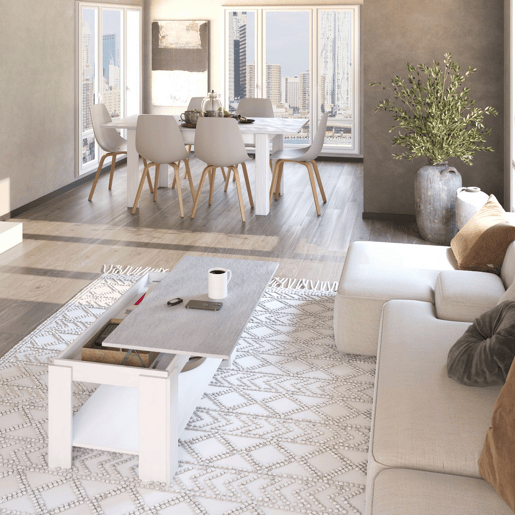 Conjunto de mesa de jantar 140 e mesa de centro Lya Branco Artik (Branco mate) - Cinzento Cimento 140 x 78 x 90 cm