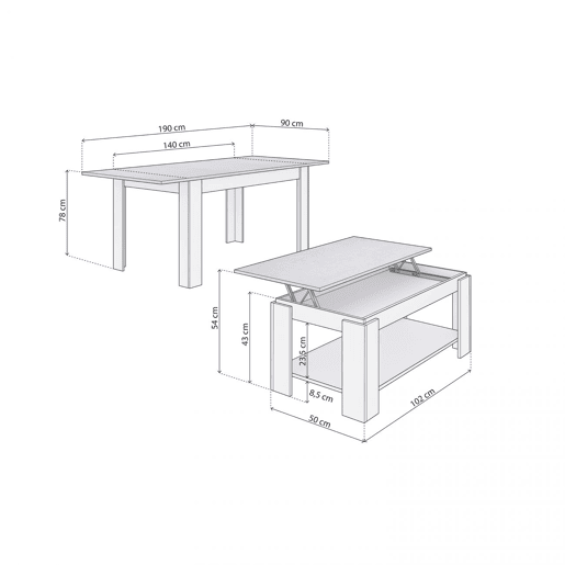 Conjunto de mesa de jantar 140 e mesa de centro Lya Branco Artik (Branco mate) - Cinzento Cimento 140 x 78 x 90 cm