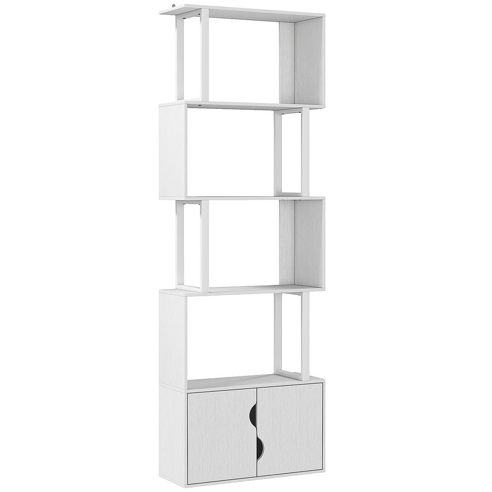 Homcom librería de 5 niveles en forma de s estantería de libros con 5 estantes y 2 puertas para sala de estar oficina estudio dormitorio 60x23,8x179,2 cm blanco