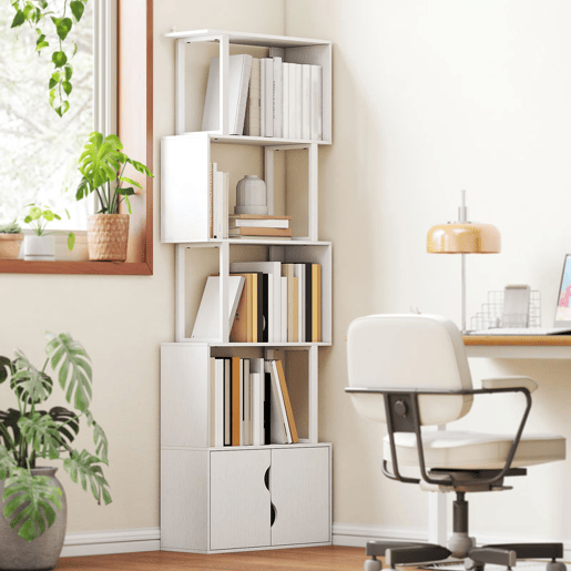HOMCOM Estante de 5 Níveis em Forma de S Estante de Livros com 5 Prateleiras e 2 Portas para Sala de Estar Escritório Estúdio Dormitório 60x23,8x179,2 cm Branco