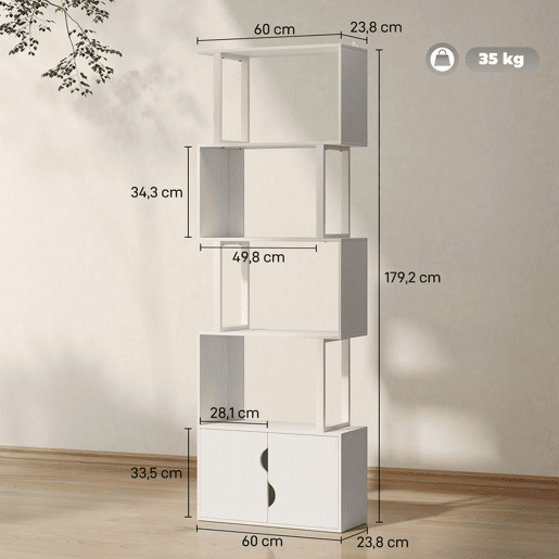 HOMCOM Estante de 5 Níveis em Forma de S Estante de Livros com 5 Prateleiras e 2 Portas para Sala de Estar Escritório Estúdio Dormitório 60x23,8x179,2 cm Branco