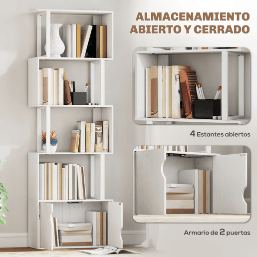 HOMCOM Estante de 5 Níveis em Forma de S Estante de Livros com 5 Prateleiras e 2 Portas para Sala de Estar Escritório Estúdio Dormitório 60x23,8x179,2 cm Branco