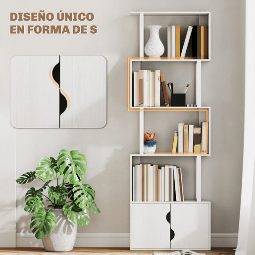 HOMCOM Estante de 5 Níveis em Forma de S Estante de Livros com 5 Prateleiras e 2 Portas para Sala de Estar Escritório Estúdio Dormitório 60x23,8x179,2 cm Branco