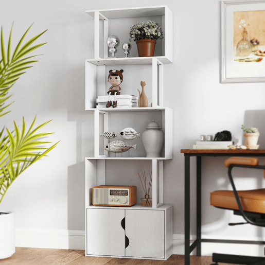 HOMCOM Estante de 5 Níveis em Forma de S Estante de Livros com 5 Prateleiras e 2 Portas para Sala de Estar Escritório Estúdio Dormitório 60x23,8x179,2 cm Branco