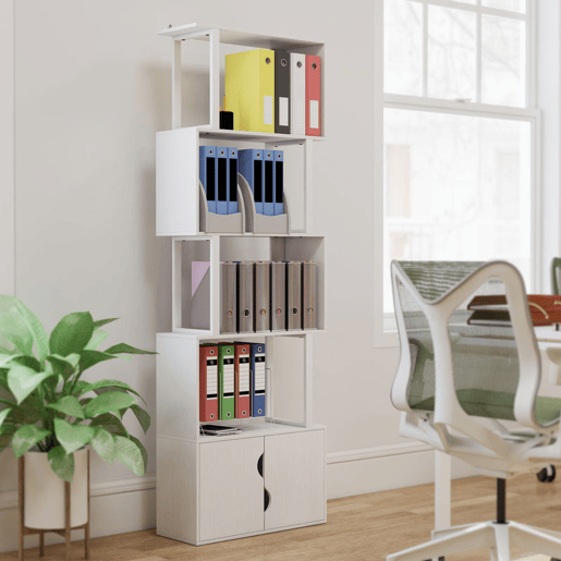 HOMCOM Estante de 5 Níveis em Forma de S Estante de Livros com 5 Prateleiras e 2 Portas para Sala de Estar Escritório Estúdio Dormitório 60x23,8x179,2 cm Branco