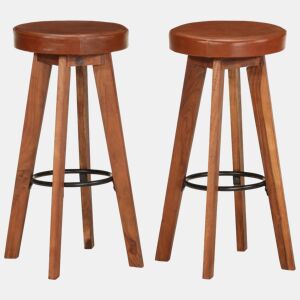 vidaXL Cadeiras bar 2 pcs madeira maciça de acácia + couro genuíno