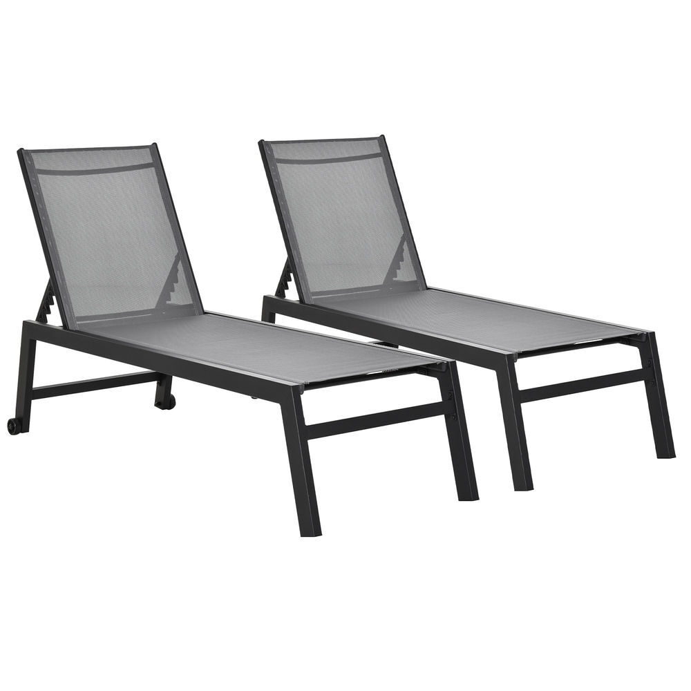 Outsunny conjunto de 2 tumbonas de jardín de aluminio tumbonas de exterior con 2 ruedas respaldo reclinable en 5 posiciones carga 120 kg para patio terraza 169x65x102 cm gris