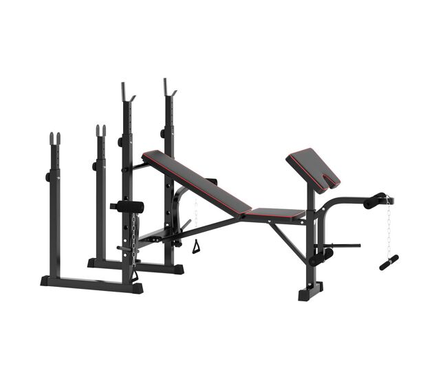 Sportnow banco de musculación multifuncional, banco de pesas, press banca con soportes barra regulables y respaldo ajustable, entrenamiento completos de cuerpo, mariposa, carga 300 kg, casa, gimnasio