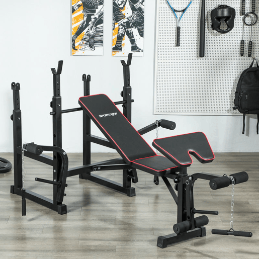 SPORTNOW Banco de Musculação Banco Multifunções com Suportes para Barras e Encosto Ajustável para Treino Completo de Corpo em Casa Ginásio Preto