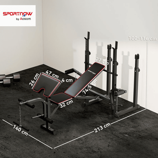 SPORTNOW Banco de Musculação Banco Multifunções com Suportes para Barras e Encosto Ajustável para Treino Completo de Corpo em Casa Ginásio Preto