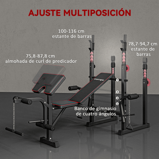 SPORTNOW Banco de Musculação Banco Multifunções com Suportes para Barras e Encosto Ajustável para Treino Completo de Corpo em Casa Ginásio Preto