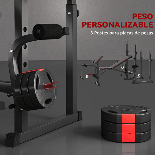 SPORTNOW Banco de Musculação Banco Multifunções com Suportes para Barras e Encosto Ajustável para Treino Completo de Corpo em Casa Ginásio Preto