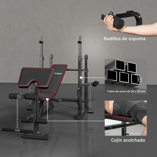 SPORTNOW Banco de Musculação Banco Multifunções com Suportes para Barras e Encosto Ajustável para Treino Completo de Corpo em Casa Ginásio Preto