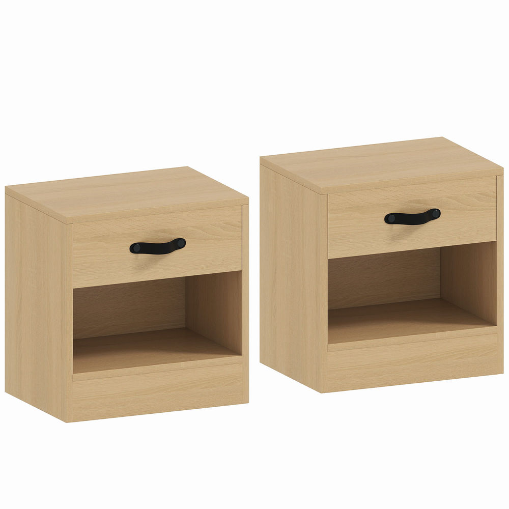 Homcom pack de 2 mesitas de noche mesillas de noche dormitorio estrechas con cajón y compartimento abierto para salón 39x28x41 cm natural