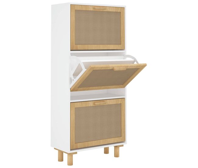Vidaxl zapatero madera contrachapada blanco ratán natural 52x25x115 cm