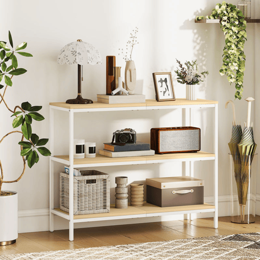 HOMCOM Mesa Consola Estreita 101x35x80 cm Mesa de Entrada Moderna com 3 Prateleiras Abertas e Pernas de Metal para Corredor, Entrada, Sala de Estar ou Quarto Natural e Branco
