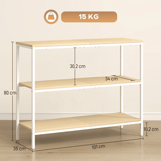 HOMCOM Mesa Consola Estreita 101x35x80 cm Mesa de Entrada Moderna com 3 Prateleiras Abertas e Pernas de Metal para Corredor, Entrada, Sala de Estar ou Quarto Natural e Branco