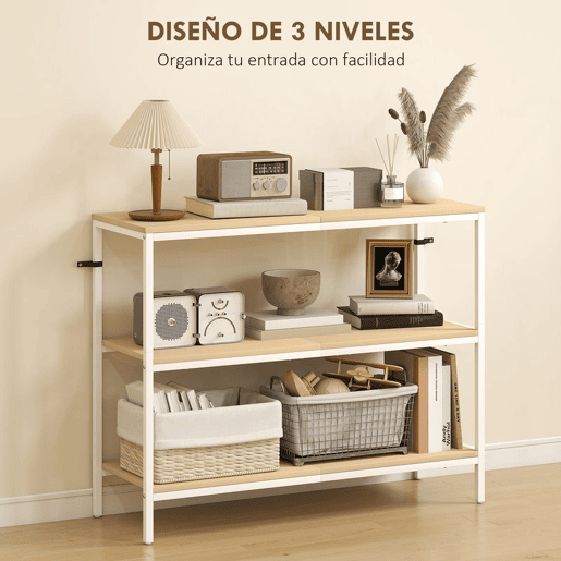 HOMCOM Mesa Consola Estreita 101x35x80 cm Mesa de Entrada Moderna com 3 Prateleiras Abertas e Pernas de Metal para Corredor, Entrada, Sala de Estar ou Quarto Natural e Branco