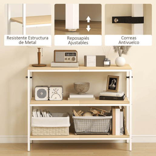 HOMCOM Mesa Consola Estreita 101x35x80 cm Mesa de Entrada Moderna com 3 Prateleiras Abertas e Pernas de Metal para Corredor, Entrada, Sala de Estar ou Quarto Natural e Branco