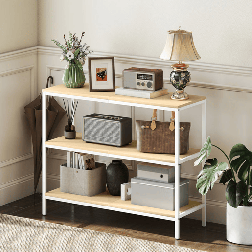 HOMCOM Mesa Consola Estreita 101x35x80 cm Mesa de Entrada Moderna com 3 Prateleiras Abertas e Pernas de Metal para Corredor, Entrada, Sala de Estar ou Quarto Natural e Branco