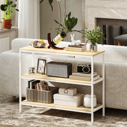 HOMCOM Mesa Consola Estreita 101x35x80 cm Mesa de Entrada Moderna com 3 Prateleiras Abertas e Pernas de Metal para Corredor, Entrada, Sala de Estar ou Quarto Natural e Branco