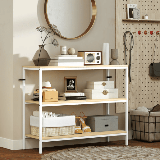 HOMCOM Mesa Consola Estreita 101x35x80 cm Mesa de Entrada Moderna com 3 Prateleiras Abertas e Pernas de Metal para Corredor, Entrada, Sala de Estar ou Quarto Natural e Branco