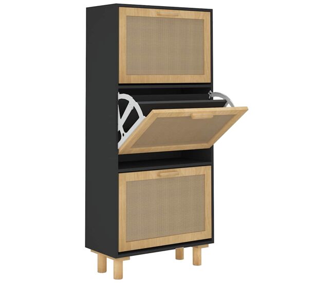 Vidaxl zapatero madera contrachapada negro ratán natural 52x25x115 cm