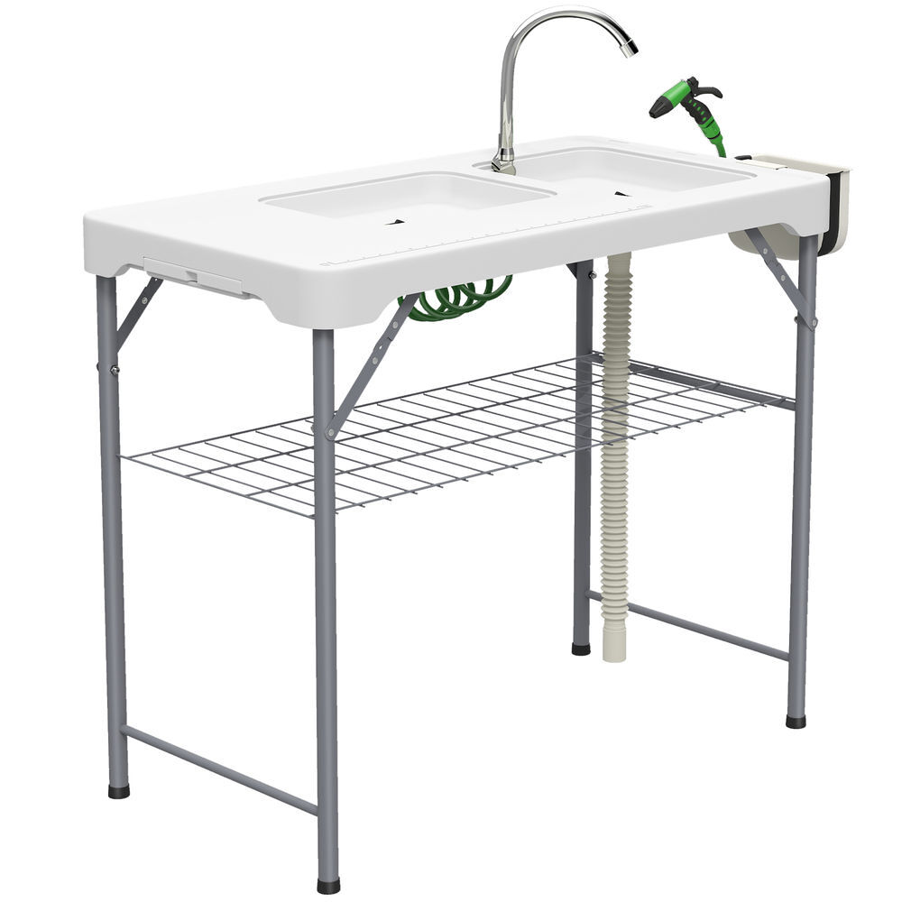 Outsunny mesa para limpiar pescado portátil mesa plegable para camping con 2 fregaderos manguera de drenaje estación de limpieza y grifo para pesca barbacoa 108x58x92 cm blanco