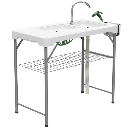 Outsunny Mesa para Campismo Dobrável Mesa Mesa com 2 Lavatórios Mangueira de Drenagem Estação de Limpeza para Pesca Exterior 108x58x92 cm Branco