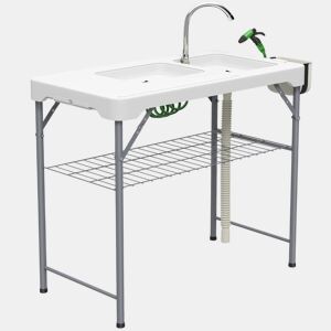 Outsunny Mesa para Campismo Dobrável Mesa Mesa com 2 Lavatórios Mangueira de Drenagem Estação de Limpeza para Pesca Exterior 108x58x92 cm Branco