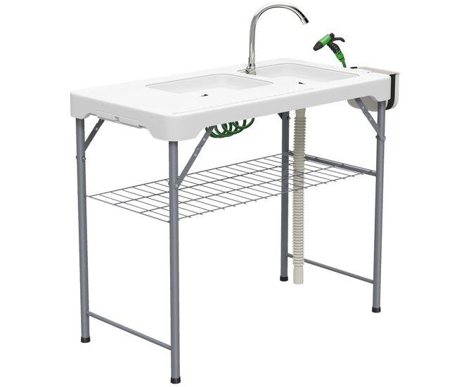 Outsunny mesa para limpiar pescado portátil mesa plegable para camping con 2 fregaderos manguera de drenaje estación de limpieza y grifo para pesca barbacoa 108x58x92 cm blanco