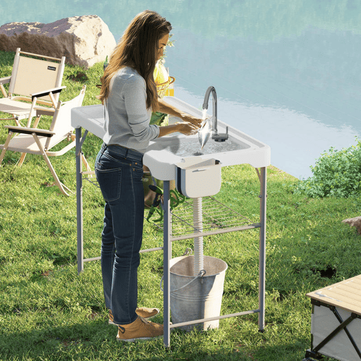 Outsunny Mesa para Campismo Dobrável Mesa Mesa com 2 Lavatórios Mangueira de Drenagem Estação de Limpeza para Pesca Exterior 108x58x92 cm Branco