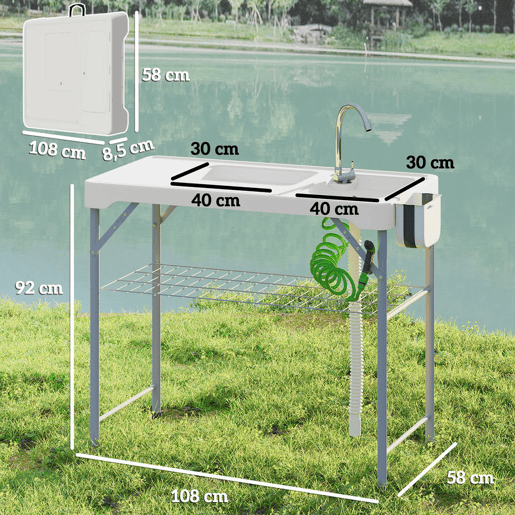Outsunny Mesa para Campismo Dobrável Mesa Mesa com 2 Lavatórios Mangueira de Drenagem Estação de Limpeza para Pesca Exterior 108x58x92 cm Branco
