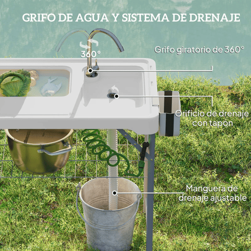 Outsunny Mesa para Campismo Dobrável Mesa Mesa com 2 Lavatórios Mangueira de Drenagem Estação de Limpeza para Pesca Exterior 108x58x92 cm Branco