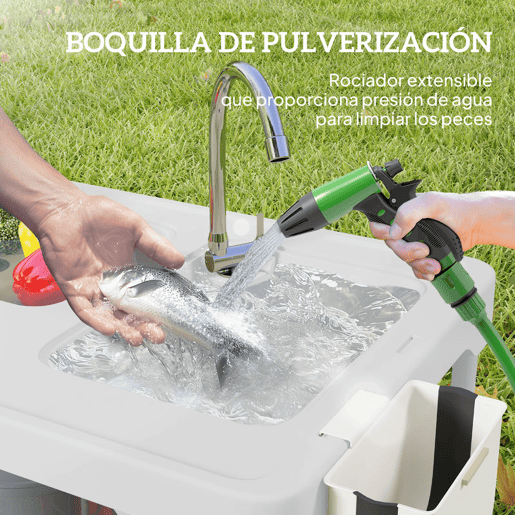 Outsunny Mesa para Campismo Dobrável Mesa Mesa com 2 Lavatórios Mangueira de Drenagem Estação de Limpeza para Pesca Exterior 108x58x92 cm Branco