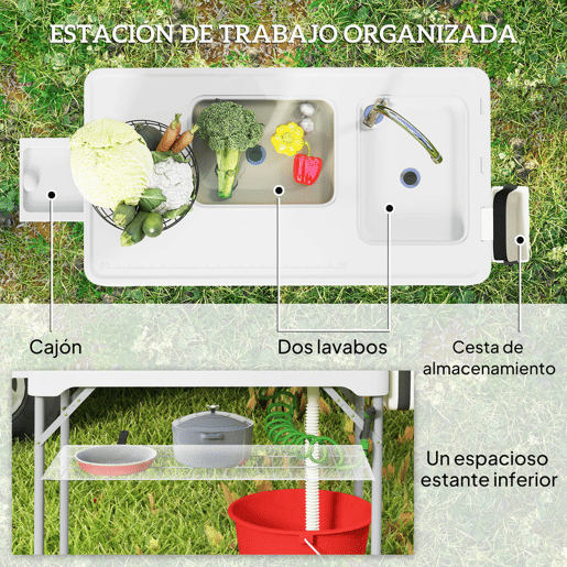 Outsunny Mesa para Campismo Dobrável Mesa Mesa com 2 Lavatórios Mangueira de Drenagem Estação de Limpeza para Pesca Exterior 108x58x92 cm Branco