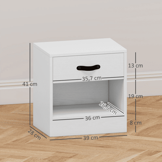 HOMCOM Conjunto de 2 Mesas de Cabeceira Mesas de Cabeceira para Dormitório Estreitas com Gaveta e Compartimento Aberto 39x28x41 cm Branco