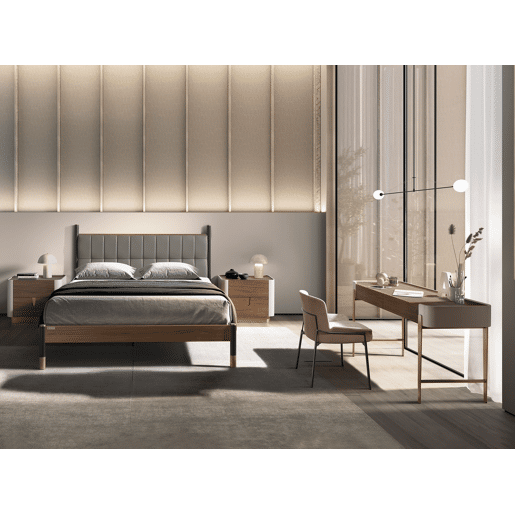 ANGEL CERDA Mesa de cabeceira em nogueira, bege, aço polido dourado e tampo em nogueira