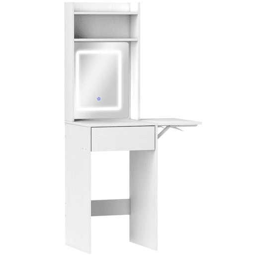 HOMCOM Tocador de Maquilhagem com Luzes LED de Tom Regulável em 3 Cores e Espelho, Touceira Moderna Pequena com Lateral Rebatível, Gaveta e Compartimentos Abertos para Espaços Pequenos, Branco