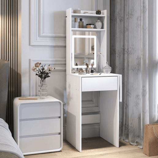 HOMCOM Tocador de Maquilhagem com Luzes LED de Tom Regulável em 3 Cores e Espelho, Touceira Moderna Pequena com Lateral Rebatível, Gaveta e Compartimentos Abertos para Espaços Pequenos, Branco