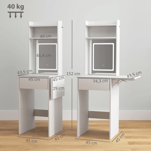 HOMCOM Tocador de Maquilhagem com Luzes LED de Tom Regulável em 3 Cores e Espelho, Touceira Moderna Pequena com Lateral Rebatível, Gaveta e Compartimentos Abertos para Espaços Pequenos, Branco