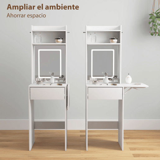 HOMCOM Tocador de Maquilhagem com Luzes LED de Tom Regulável em 3 Cores e Espelho, Touceira Moderna Pequena com Lateral Rebatível, Gaveta e Compartimentos Abertos para Espaços Pequenos, Branco