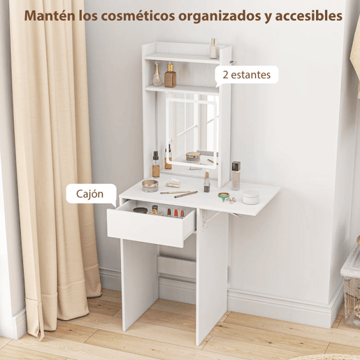 HOMCOM Tocador de Maquilhagem com Luzes LED de Tom Regulável em 3 Cores e Espelho, Touceira Moderna Pequena com Lateral Rebatível, Gaveta e Compartimentos Abertos para Espaços Pequenos, Branco