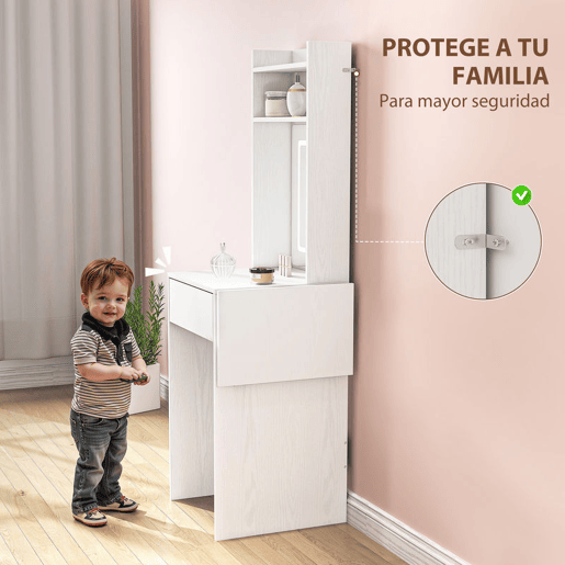 HOMCOM Tocador de Maquilhagem com Luzes LED de Tom Regulável em 3 Cores e Espelho, Touceira Moderna Pequena com Lateral Rebatível, Gaveta e Compartimentos Abertos para Espaços Pequenos, Branco