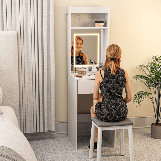 HOMCOM Tocador de Maquilhagem com Luzes LED de Tom Regulável em 3 Cores e Espelho, Touceira Moderna Pequena com Lateral Rebatível, Gaveta e Compartimentos Abertos para Espaços Pequenos, Branco