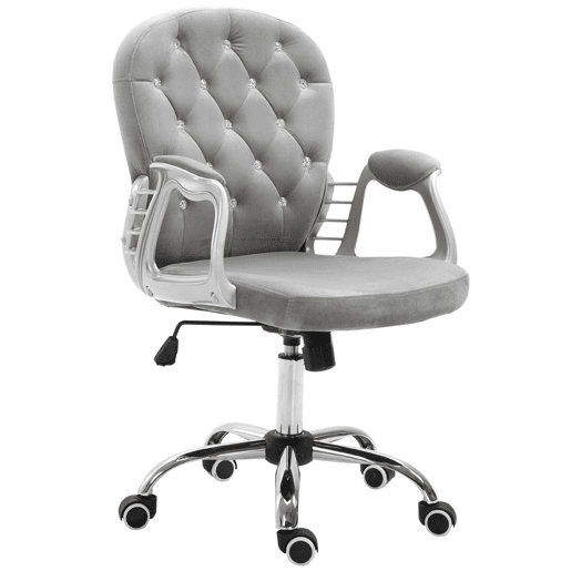 Vinsetto Cadeira de Escritório Estofada em Veludo Cadeira Giratória com Altura Ajustável Apoio para os Braços e Decorações de Cristal Carga 120 kg Cadeira para Estudio Dormitório 59,5x60,5x95-105 cm Cinzenta