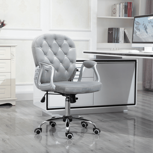 Vinsetto Cadeira de Escritório Estofada em Veludo Cadeira Giratória com Altura Ajustável Apoio para os Braços e Decorações de Cristal Carga 120 kg Cadeira para Estudio Dormitório 59,5x60,5x95-105 cm Cinzenta