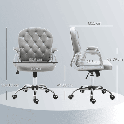 Vinsetto Cadeira de Escritório Estofada em Veludo Cadeira Giratória com Altura Ajustável Apoio para os Braços e Decorações de Cristal Carga 120 kg Cadeira para Estudio Dormitório 59,5x60,5x95-105 cm Cinzenta